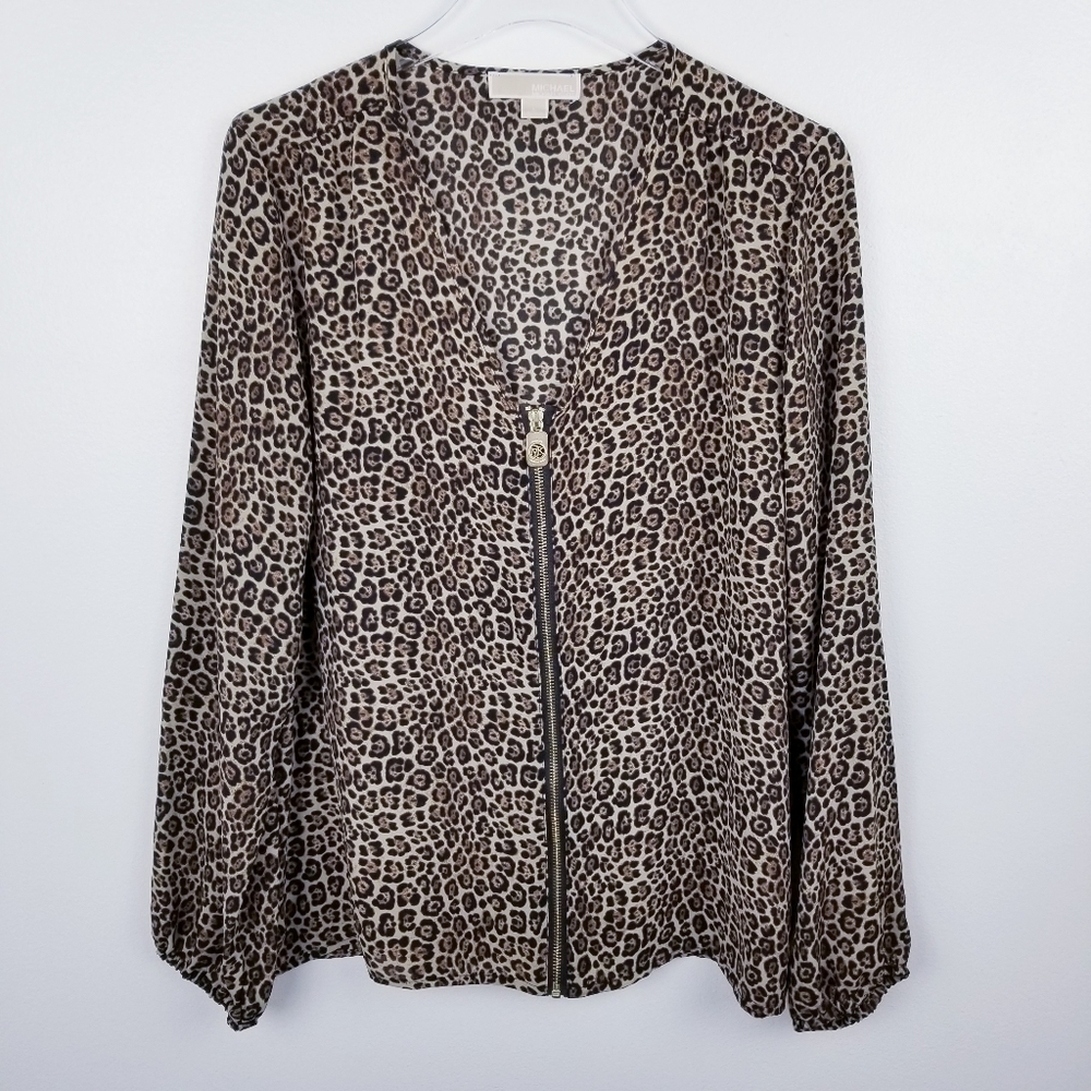 Michael Kors Leopard Print Zip Front Blouse